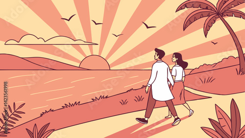 AI Generated romantic sunset walk illustration with couple holding hands along coastal path, glowing horizon, mountain silhouettes, flying birds, tropical foliage, and dreamy pink-orange sky tones