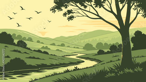 Picturesque Landscape with Rolling Green Hills, a Winding River, and Birds Flying Under a Softly Lit Sky, Nature Scenery