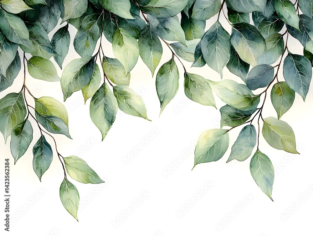 Fototapeta premium Faded Watercolor Willow Leaves Cascading Over a White Background