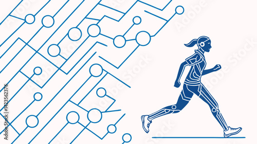 Tech-Enhanced Fitness: Woman Running with Circuit Board Pattern, Symbolizing the Integration of Technology and Athletic Performance