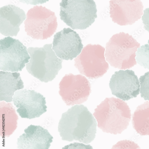 Abstract seamless pattern, background with pink, blue watercolor shapes and stains. Repeating vector print