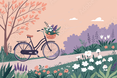 Serene slow living scene bicycle resting amidst vibrant wildflowers, gentle breeze, sun-dappled path.