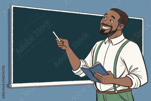 A smiling female teacher, holding chalk, stands in a brightly lit classroom, radiating warmth and positivity.