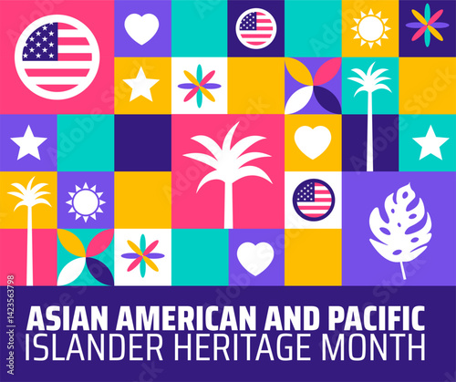 Asian American and Pacific Islander Heritage Month Geometric shape pattern background banner or poster design template with usa flag. observed every year in May. Holiday concept. Use to any Template.