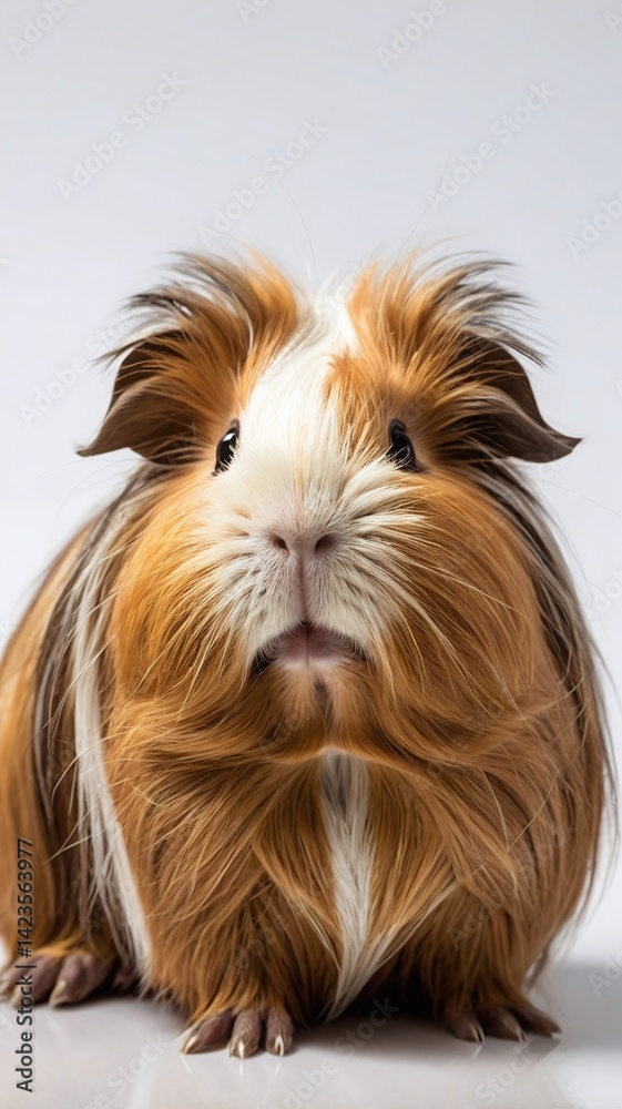 Naklejka premium Long haired peruvian guinea pig lying down and looking to the right on a white background, Cavia porcellus
