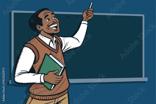 A smiling female teacher, holding chalk, stands in a brightly lit classroom, radiating warmth and educational enthusiasm.