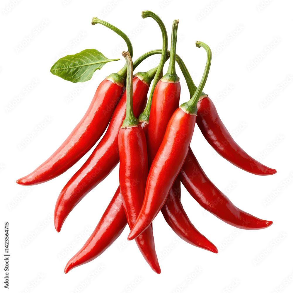 Fresh red chili peppers with green stems and leaves on transparent background, healthy spicy hot peppers for cooking, fresh vegetable produce, vibrant red color. Fresh red chili peppers with green stems and leaves on transparent background, healthy spicy hot peppers for cooking, fresh vegetable produce, vibrant red color.
