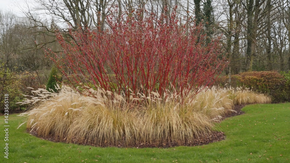 Display of seasonal shrubs with autumn-like hues, maintained as part of a landscaping design.