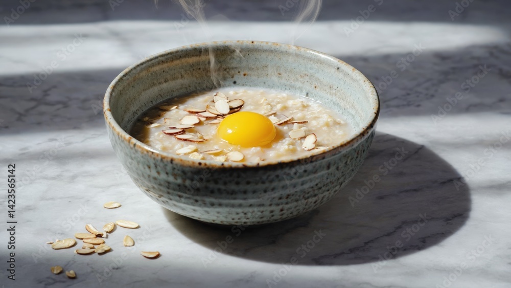 A bowl of homemade porridge with grains and egg on top, served on a marble table in natural sunlight for a healthy start to the day.