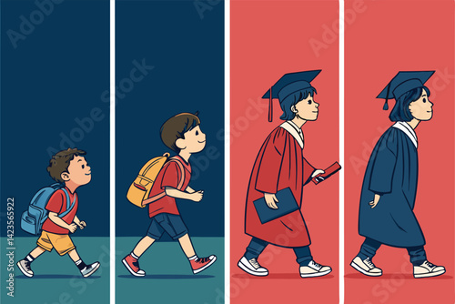 Create a stylized comic strip depicting a child's journey from kindergarten to graduation, showcasing key milestones in a fun, vibrant, and expressive manner.