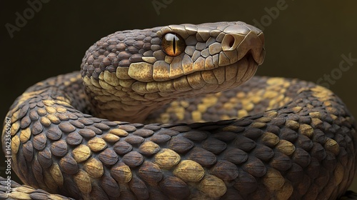Detailed Scale Pattern Snake Coiled and Staring with Golden Eye Close-up