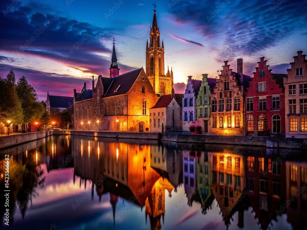 Fototapeta premium Night Photography: Oud Sint Janshospitaal & Church of Our Lady, Bruges, Belgium