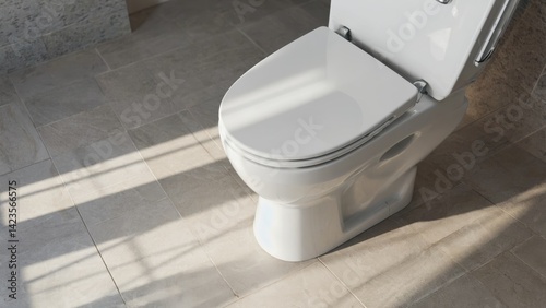 The image shows a modern bathroom with a shiny porcelain toilet. The toilet is set against a tiled floor, and the sunlight from a window casts soft light on the scene.