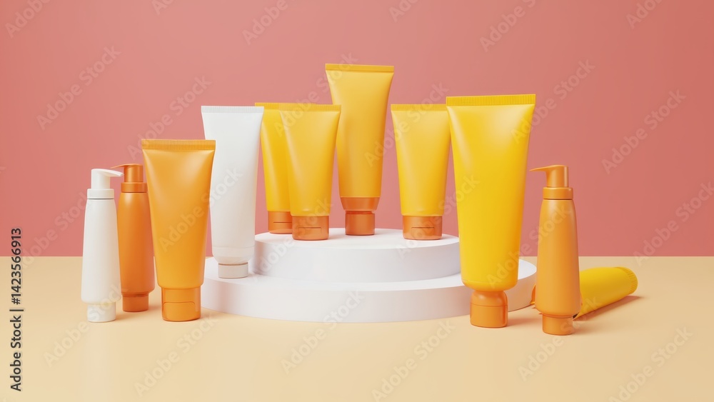 A variety of cosmetics and skincare products arranged neatly for display.