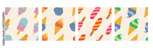 Colorful Ice Cream Seamless Pattern Set Vector Illustration. Includes popsicles and cones with various colorful swirls on a light background, perfect for summer themes.