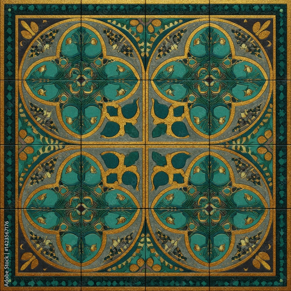 Ornate tile design featuring gold accents and intricate geometric and botanical patterns, creating an elegant and detailed visual piece.