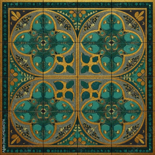 Obraz na płótnie Ornate tile design featuring gold accents and intricate geometric and botanical patterns, creating an elegant and detailed visual piece. w salonie