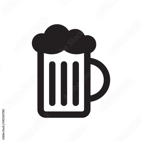 Black and White Beer Mug Icon Featuring Foam Overflowing Representing Brewing, Alcoholic Beverages, and Pub Culture for Bars, Editable Vector Illustration Isolated on a White Background