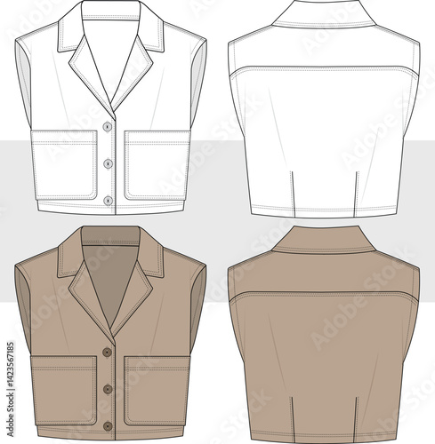 Women's oversized sleeveless cropped shirt jacket flat sketch technical drawing, vector, illustration. Front and Back view. Cad, Mockup.