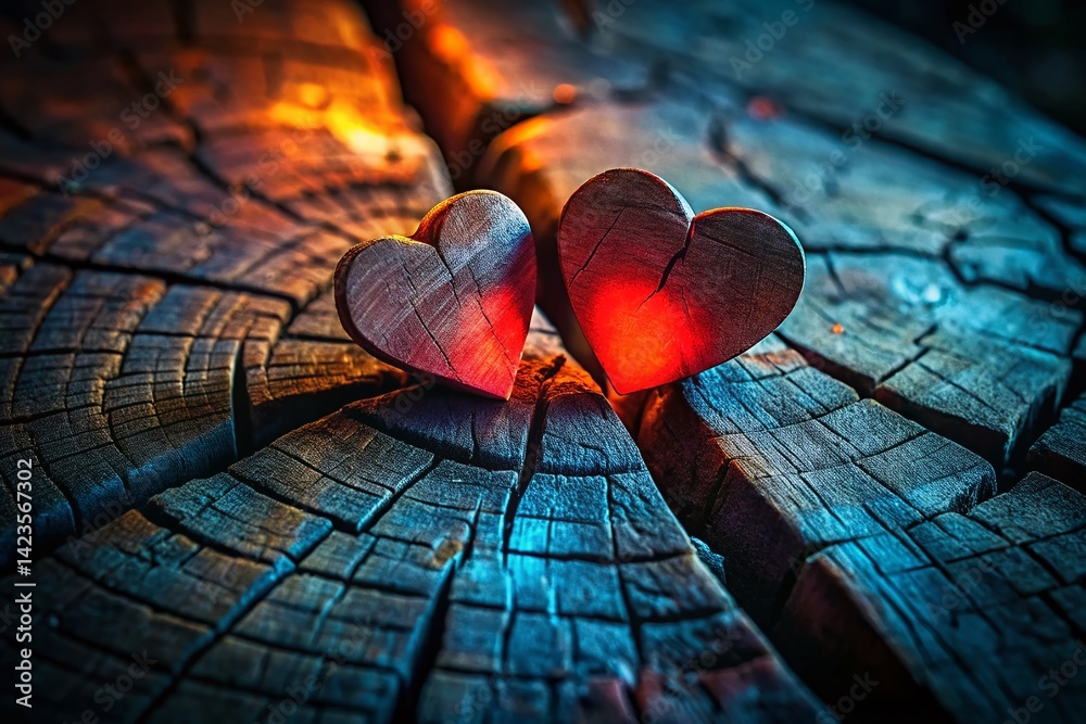 Night Photography: Couple's Hearts on Rough Wood, Symbolising Life's Uneven Journey of Love