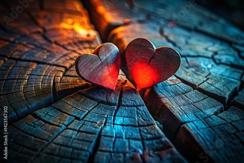 Obraz na płótnie Night Photography: Couple's Hearts on Rough Wood, Symbolising Life's Uneven Journey of Love w salonie