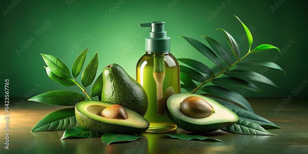 Night Photography: Avocado Oil Spray Bottle, Fresh Avocado Halves & Leaves on Green Background