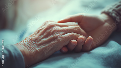 Young hand holding old hand on bed, helping caring for elderly, end of life support, aging people assistance