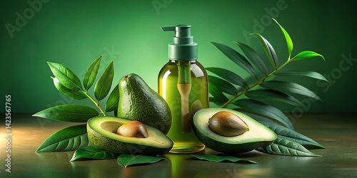 Obraz na płótnie Night Photography: Avocado Oil Spray Bottle, Fresh Avocado Halves & Leaves on Green Background w salonie