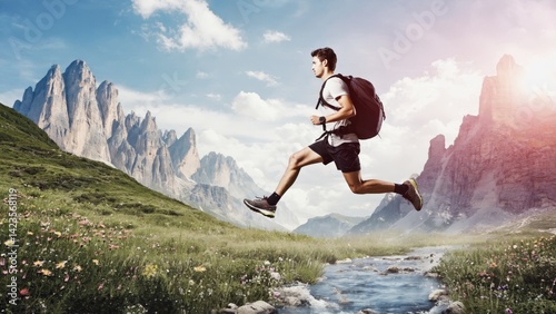 Obraz na płótnie The image shows a runner wearing a backpack, traveling along a mountain trail. The scene is set in an alpine valley with majestic peaks and verdant landscapes. w salonie
