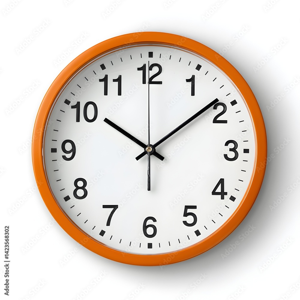 A white and orange clock with the hands at the numbers 3 and 9 A white and orange clock with the hands at the numbers 3 and 9