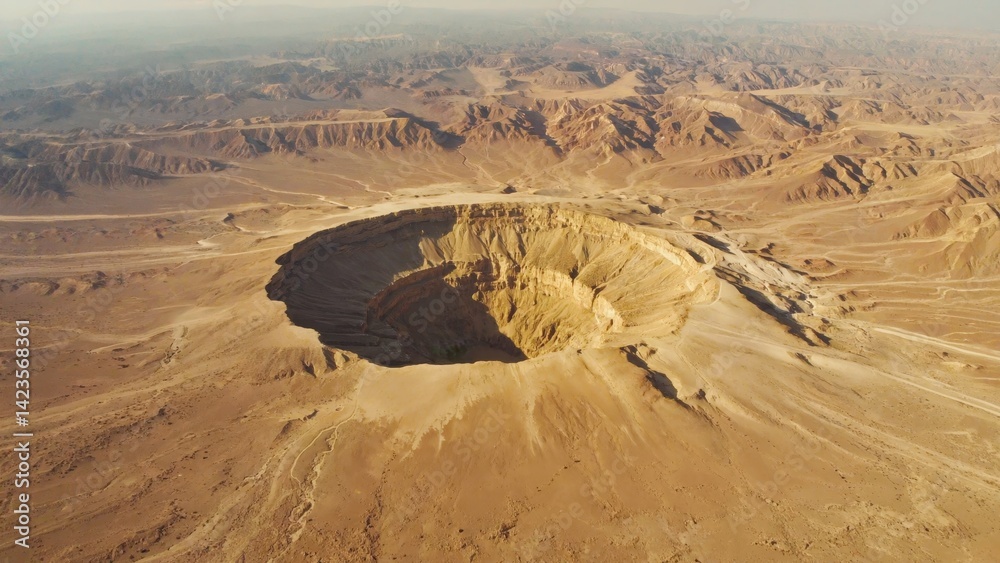 A large hole in the ground with a lot of dirt around it. The hole is in the middle of a desert