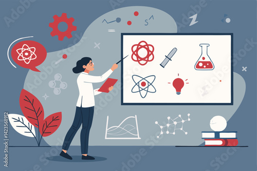 A teacher enthusiastically explains a science concept, writing equations and diagrams on a whiteboard, with relevant science icons illustrated nearby.