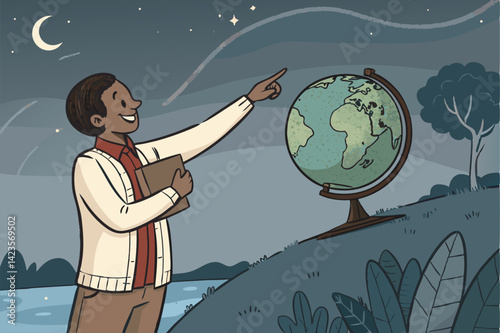 A smiling teacher enthusiastically points to a specific location on a globe they are holding.  High-quality image.