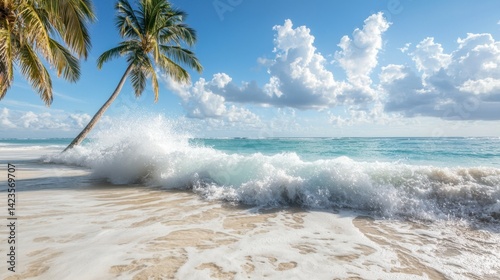 Crystal-clear ocean waves washing over a tropical white sand beach, with tall palms swaying in the warm breeze.