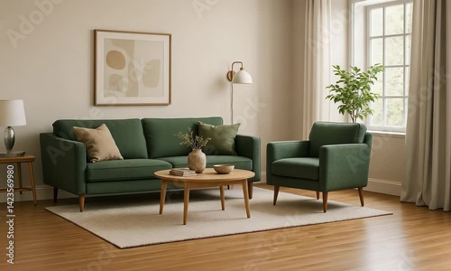 Wallpaper Mural A Cozy Modern Living Room Featuring Two Green Lounge Chairs and a Coffee Table; Emphasizing Comfort and Minimalist Design for a Chic Home Interior Torontodigital.ca