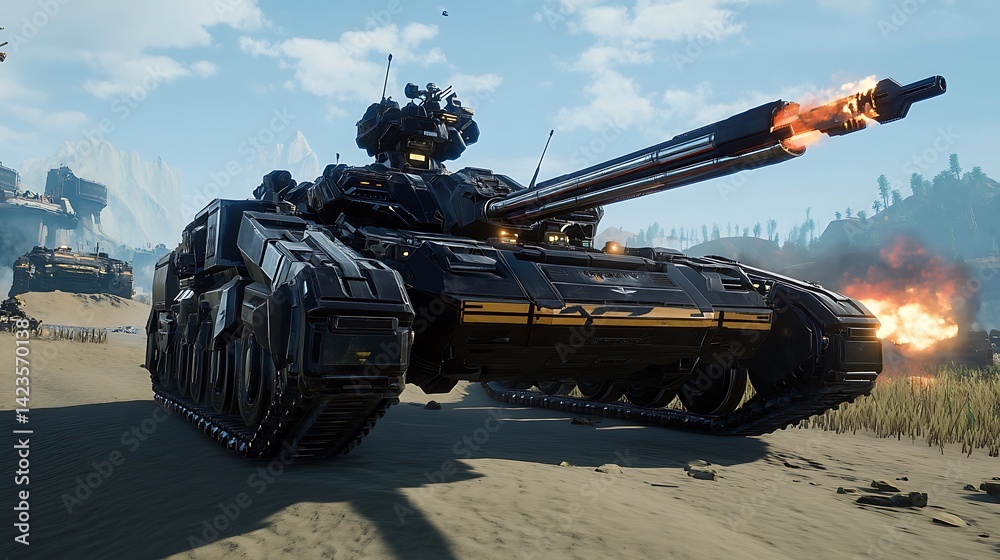 Fototapeta premium A massive mech tank with railgun turrets rolling through a futuristic battlefield