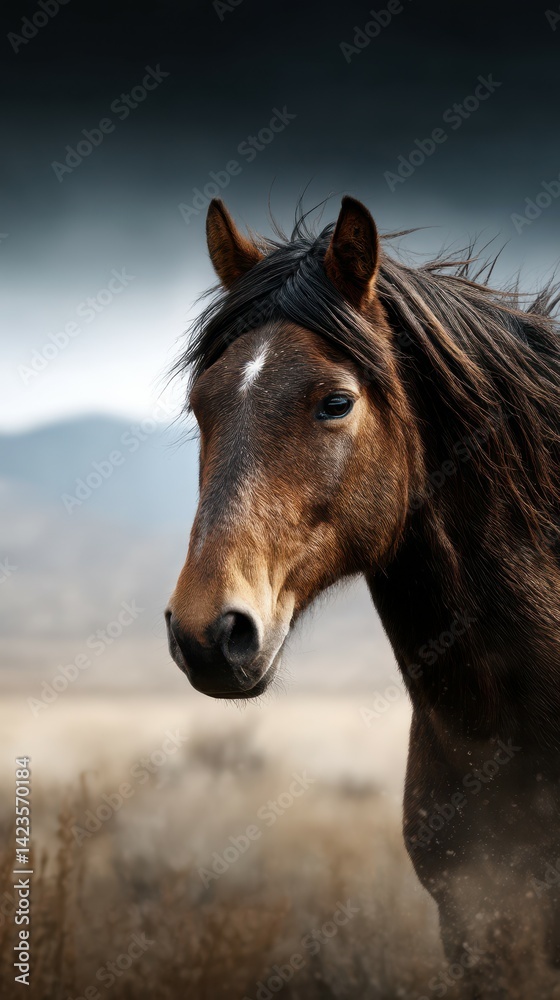 Obraz premium Brown horse stands majestically against a dramatic landscape with a moody sky and blurred mountains in the background