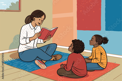 A teacher sits on a rug, reading a captivating story aloud to a group of attentive elementary school children.  The scene is warm and inviting, showcasing a joyful classroom moment.