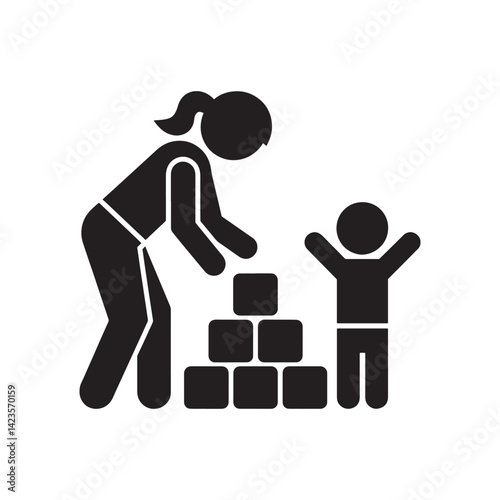 Black Silhouette of an Adult and Child Stacking Blocks Representing Learning, Growth, and Mentorship for Education, Editable Vector Illustration Isolated on a White Background