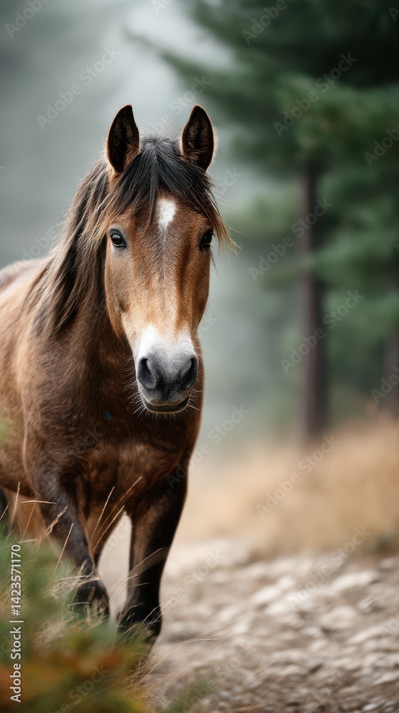 Horse walking through a misty forest path with trees in the background during a calm morning Horse walking through a misty forest path with trees in the background during a calm morning