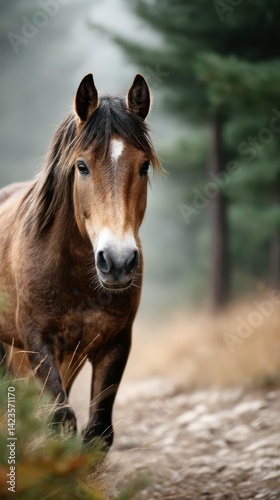 Horse walking through a misty forest path with trees in the background during a calm morning