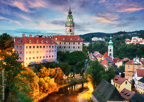 Czech republic - Old town of Cesky Krumlov at night with Vltava river