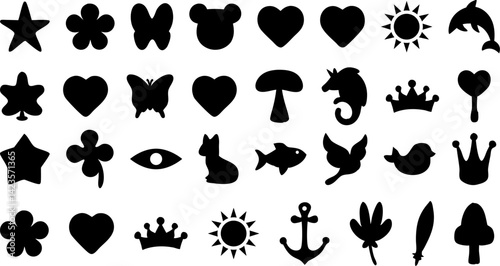 Cute Black Silhouettes Set  Stars Hearts Flowers Animals Design Elements