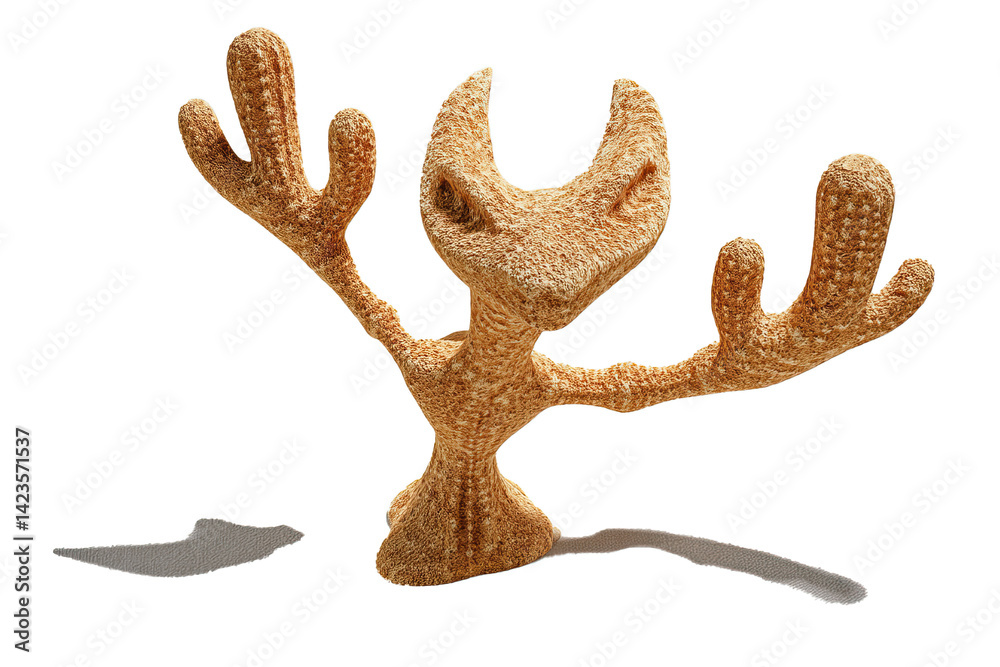 Fototapeta premium single desert alien with sandstone-textured skin and cactus-like appendages, standing on neutral tone base with cast shadows, clean 