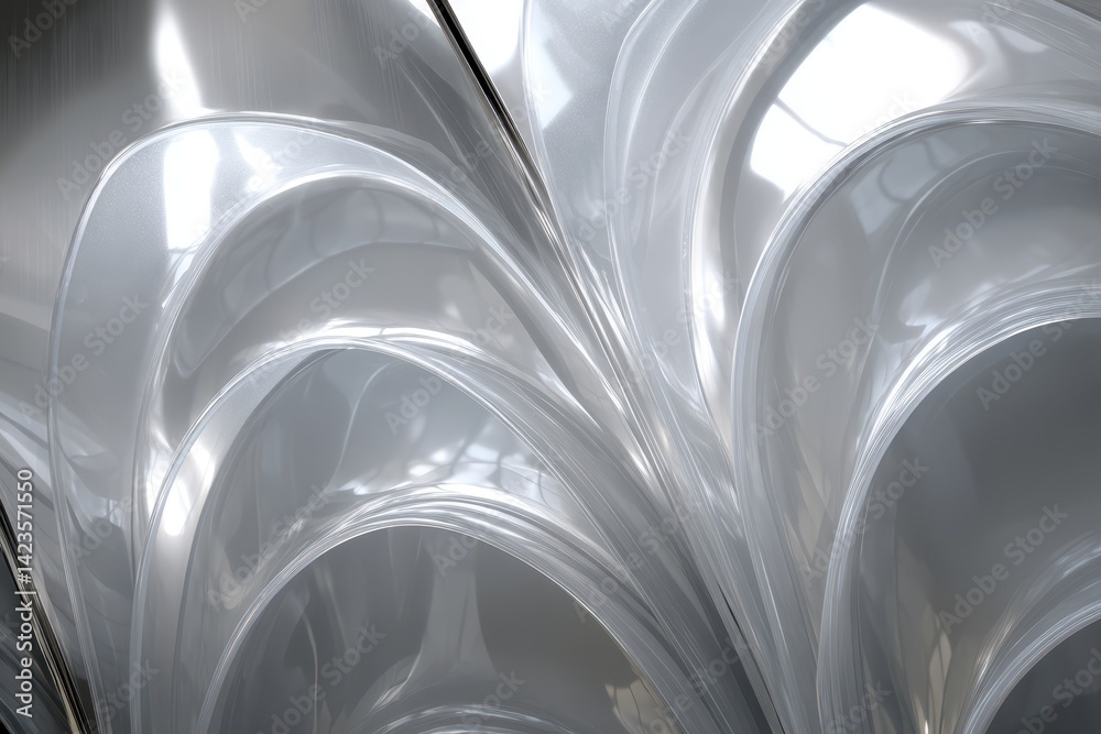 Abstract silver curves create a dynamic, flowing pattern. Metallic sheen reflects light, adding depth and dimension to the design.
