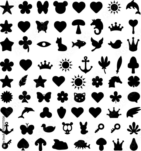 Cute Black Silhouettes Icons Set: Stars Hearts Animals Flowers for Design