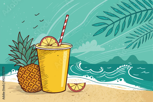 A vibrant photo of a refreshing tropical drink garnished with a juicy pineapple wedge and a colorful straw.