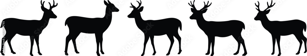 Fototapeta premium Five Black Deer Silhouettes on White Background Wildlife Clipart