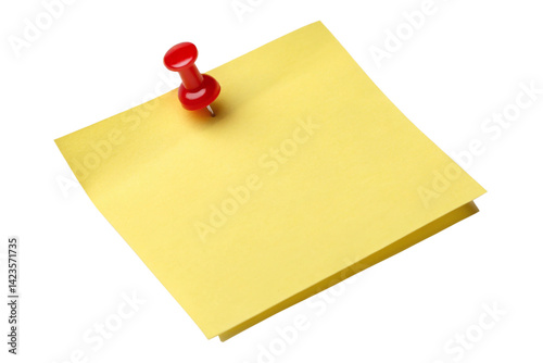 Sticky note with red pushpin isolated on transparent background