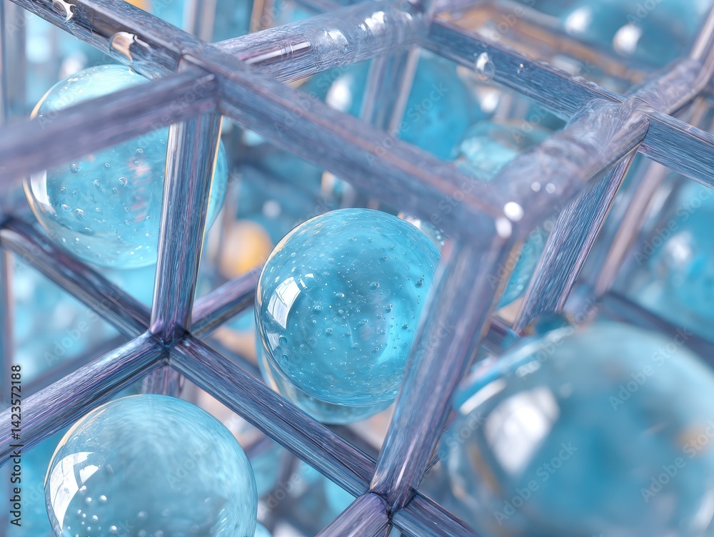 Geometric structure of translucent blue spheres inside a light framework. Abstract, cool, and aesthetically pleasing design.